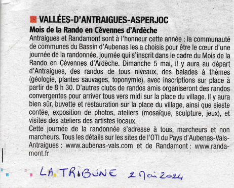 Article La tribune 2 mai 2024 Mois de la rando à Antraigues journée du 5 mai