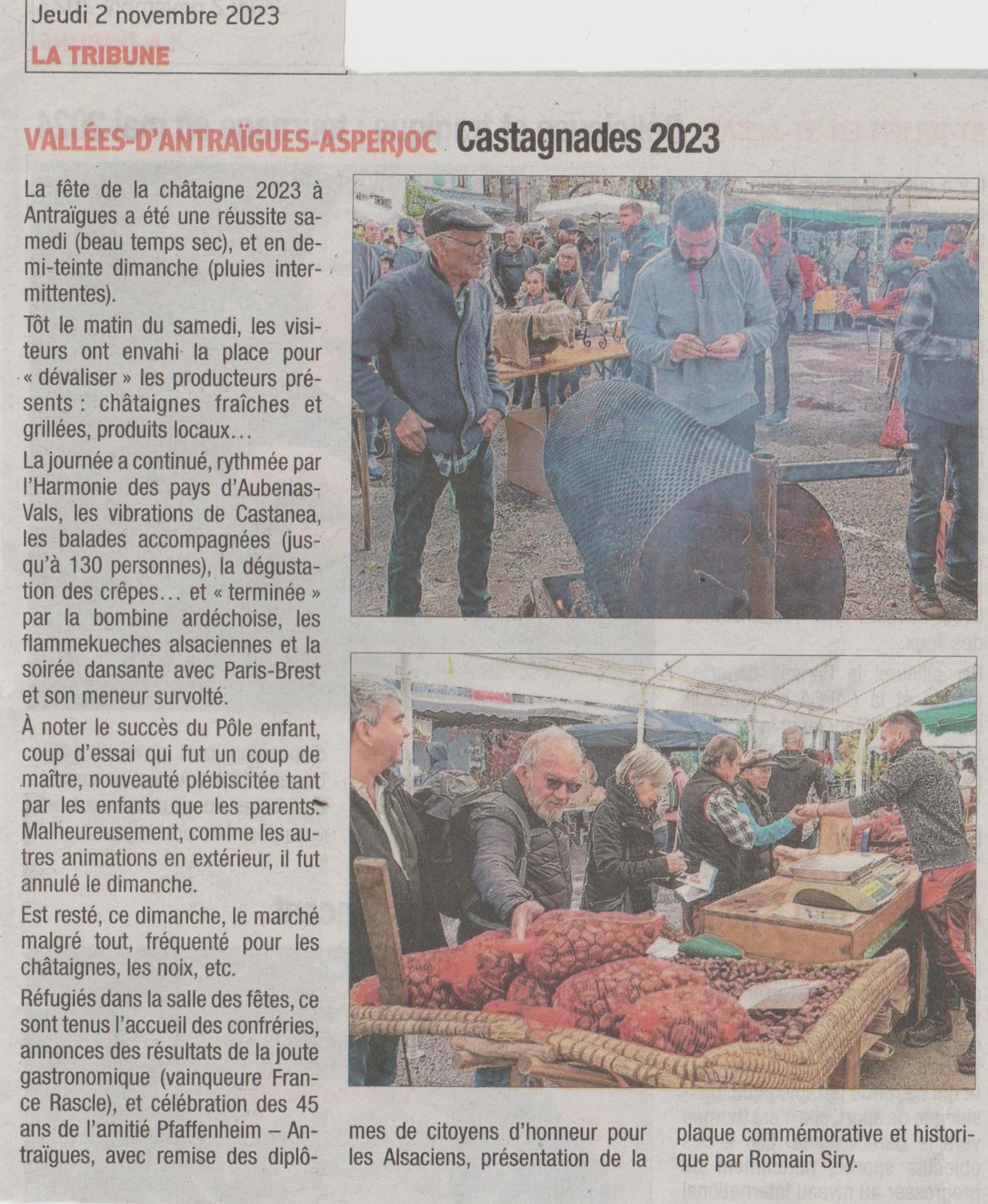 Article la Tribune  du 2 nov 2023 (texte et photos Jean Louis Muller)