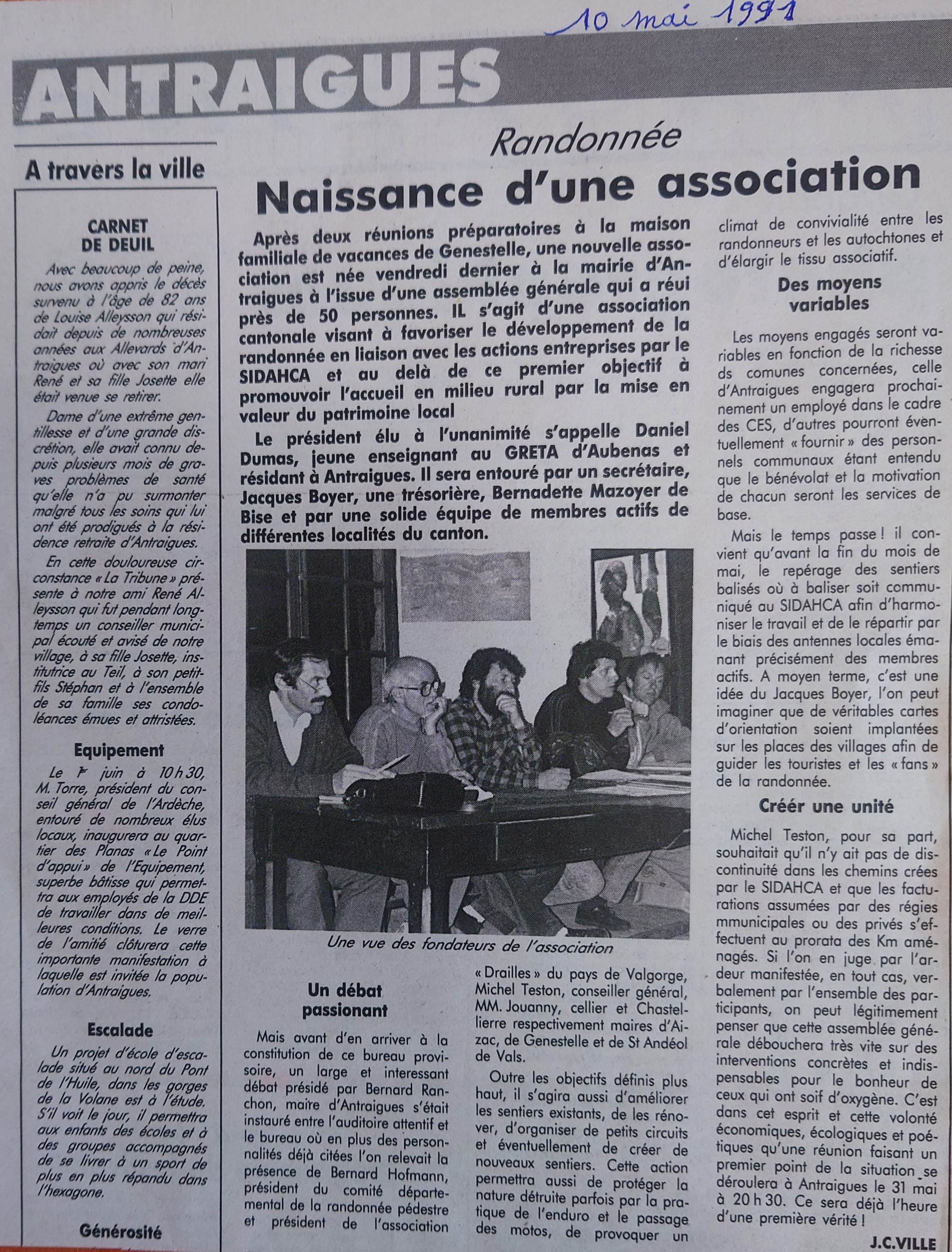 Article sur la naissance de l'association